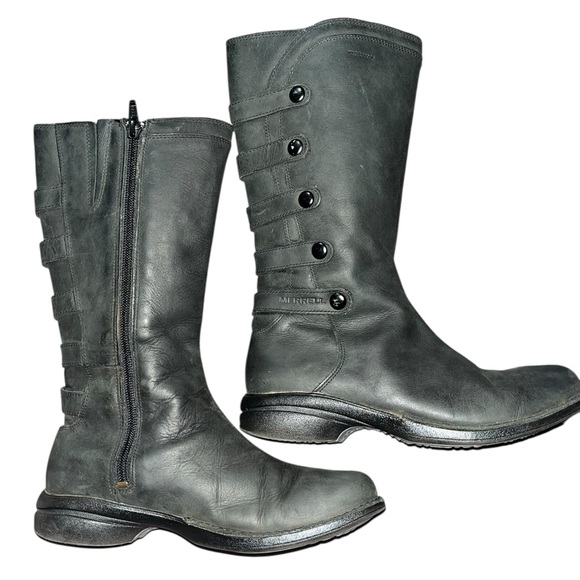 Merrell Shoes - MERRELL Tetra Launch WP Leather Side Zip Boots Moto Black Mid Calf Size 6